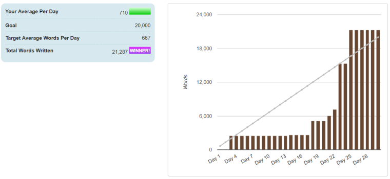 Graph and text average per day 710, Goal 20,000, Total Words Written 21,287